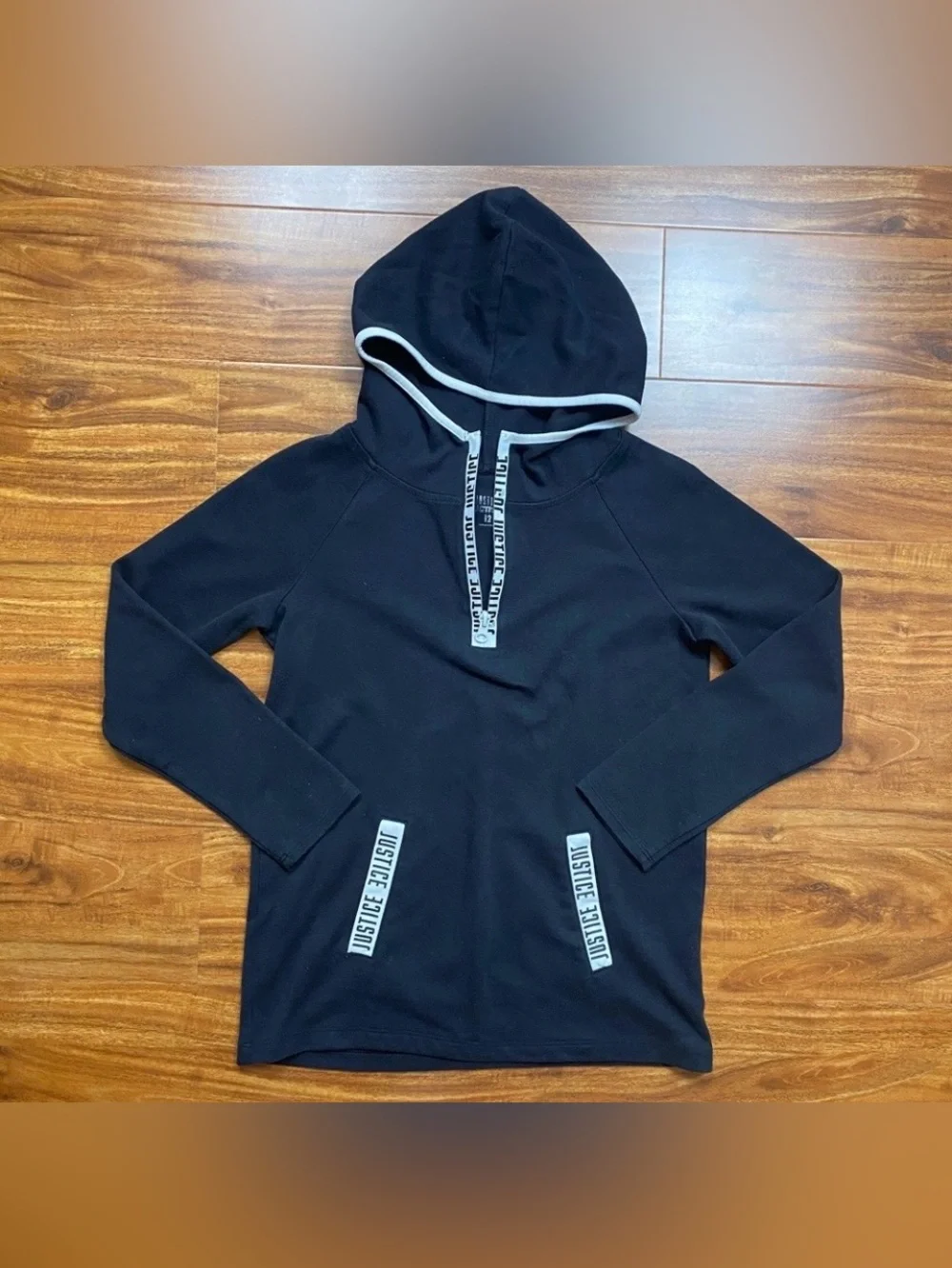 3/$25 Justice Girls Black White Logo Hooded Sweatshirt Size 12 Casual Sporty